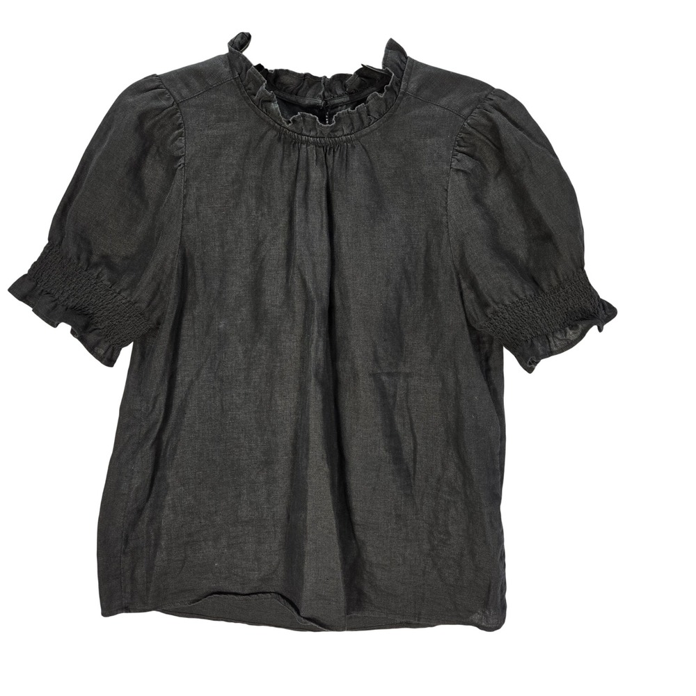 J.Crew Womens Black 100% Linen Ruffle Neck Puff Sleeve Blouse Top Size S